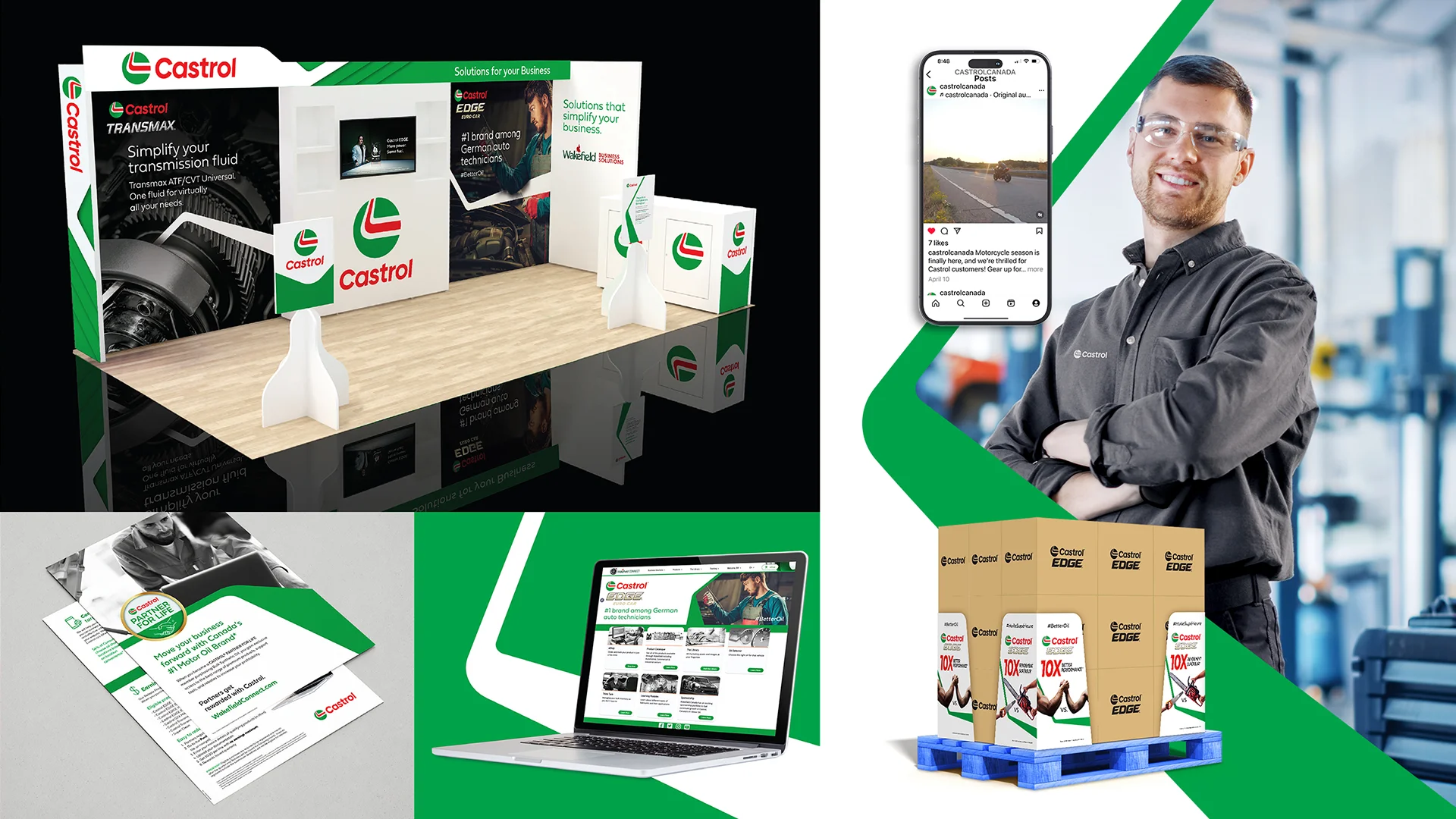 Multiple examples of Castrol mockups from trade show layout, to printed materials and digital applications