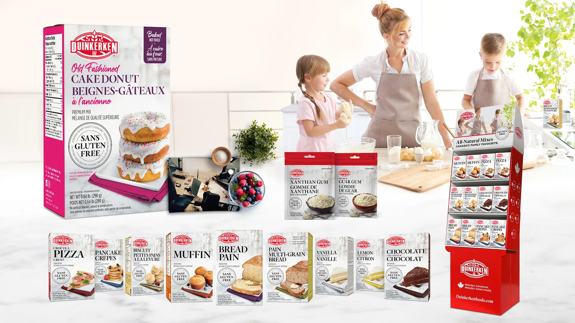 Gluten Free Duinkerken product packaging design. Multiple types of gluten free baking mixes.