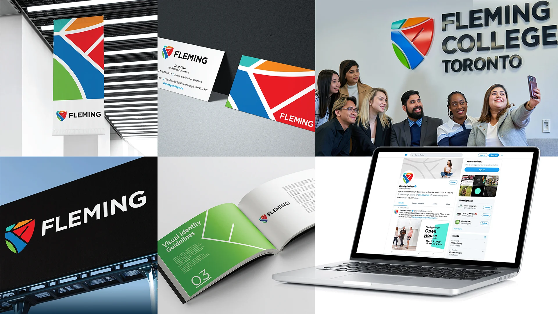 Colorful branding design for Fleming College, including signage and banners, printed materials and digital applications.